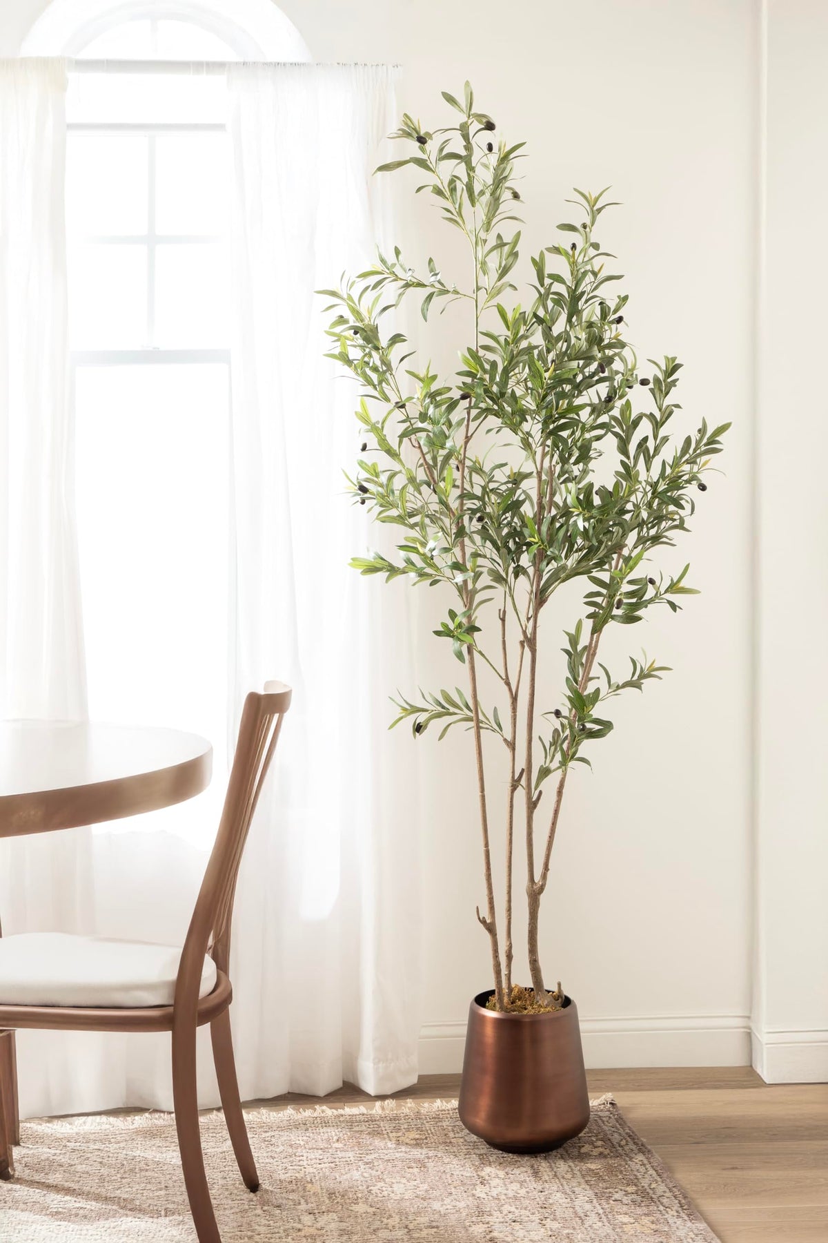 Kate and Laurel Oliveira Faux Olive Tree with Portell Metal Planter Pot, 7 FT, Bronze, Potted Artificial Olive Plant Tree with Realistic Foliage and Added Moss, Fake Plant Living Room Decor