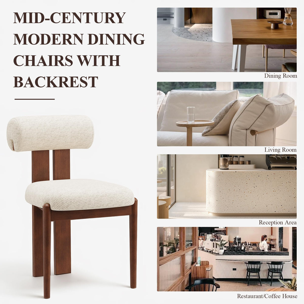 MALOL Modern Wooden Dining Chairs Set of 6, Upholstered Fabric Kitchen Chairs with Sculptural Backrest, Mid-Century Farmhouse Dining Room Chairs with Solid Wood Legs, Beige