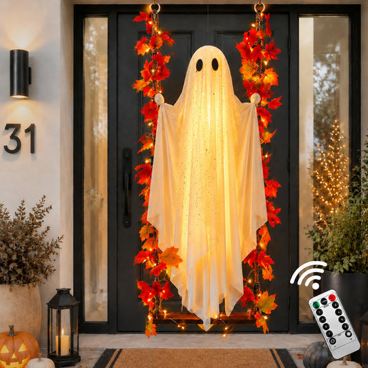 AYGXU Halloween Decorations Outdoor Indoor-5.3ft Hanging Ghost Decor with a Maple Leaf 6.6ft Swing,Ghost Light,Halloween Decor for Tree,Yard,Porch,Garden
