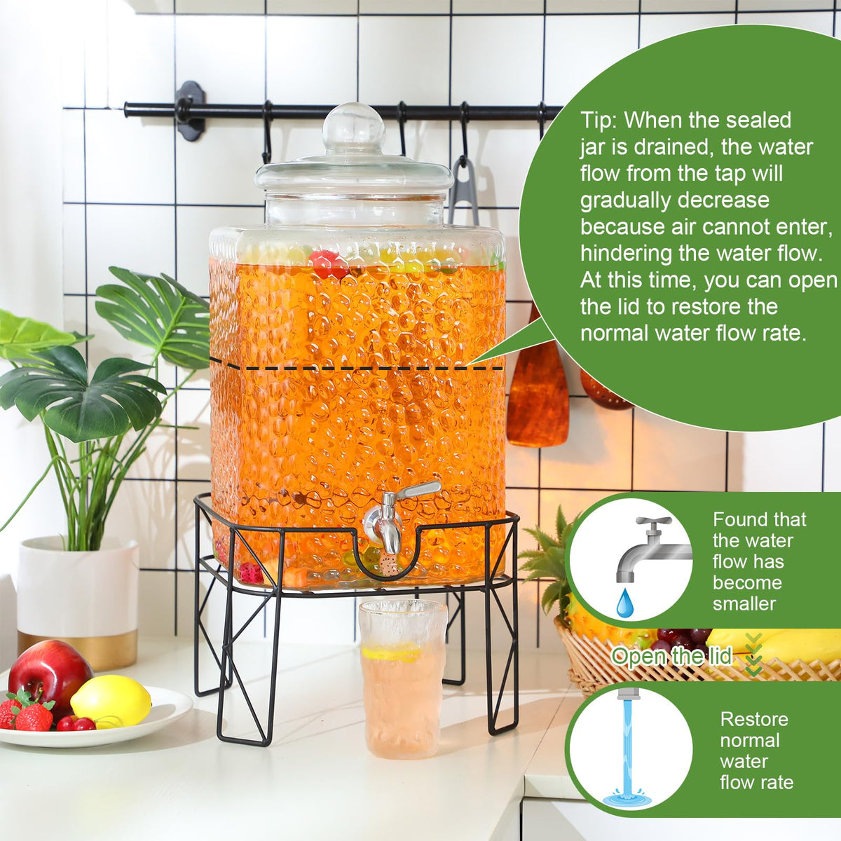 Honeydak 4.6 Gallon Glass Beverage Dispenser with Stand Stainless Steel Spigot Glass Lid Clear Iced Juice Container Leakproof Drink Dispenser Countertop Lemonade Water Jar for Wedding Party (1 Pack)