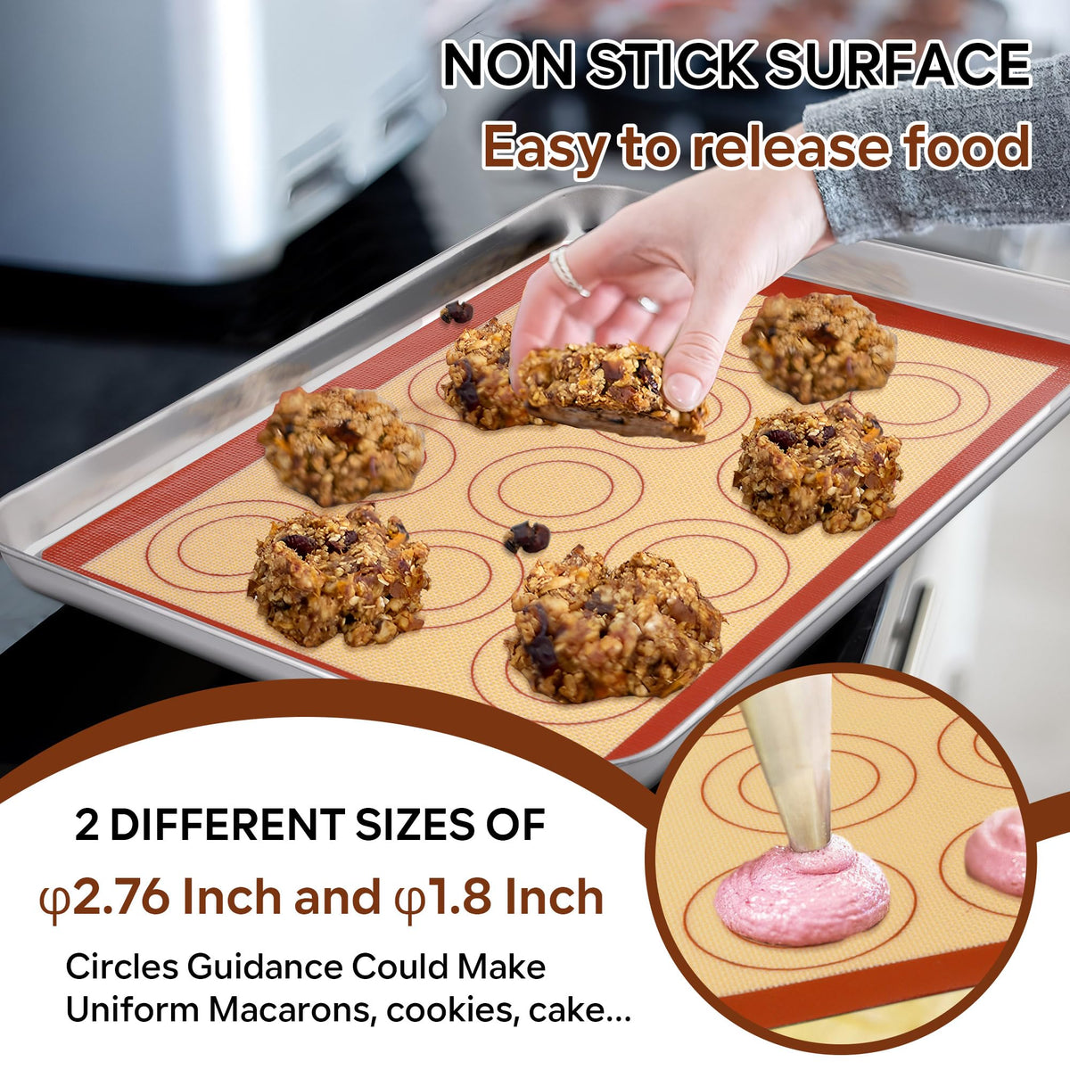 P&P CHEF 15 Inch Silicone Baking Mats, 2 Pcs Reusable Silicone Oven Mat, Non Stick Baking Supplies for Macaroon Pastry Bread Dough Cookie, Fits Well with Sheet Pan, Healthy & Easy Clean