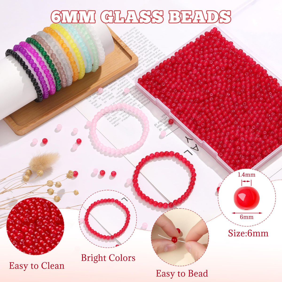 NUKAYAI 500Pcs Red Glass Beads for Bracelets, 6mm Round Glass Crystal Beads for Bracelet Jewelry Making Kits and DIY Crafts Earring Necklaces Suitable for Beginners(Red)