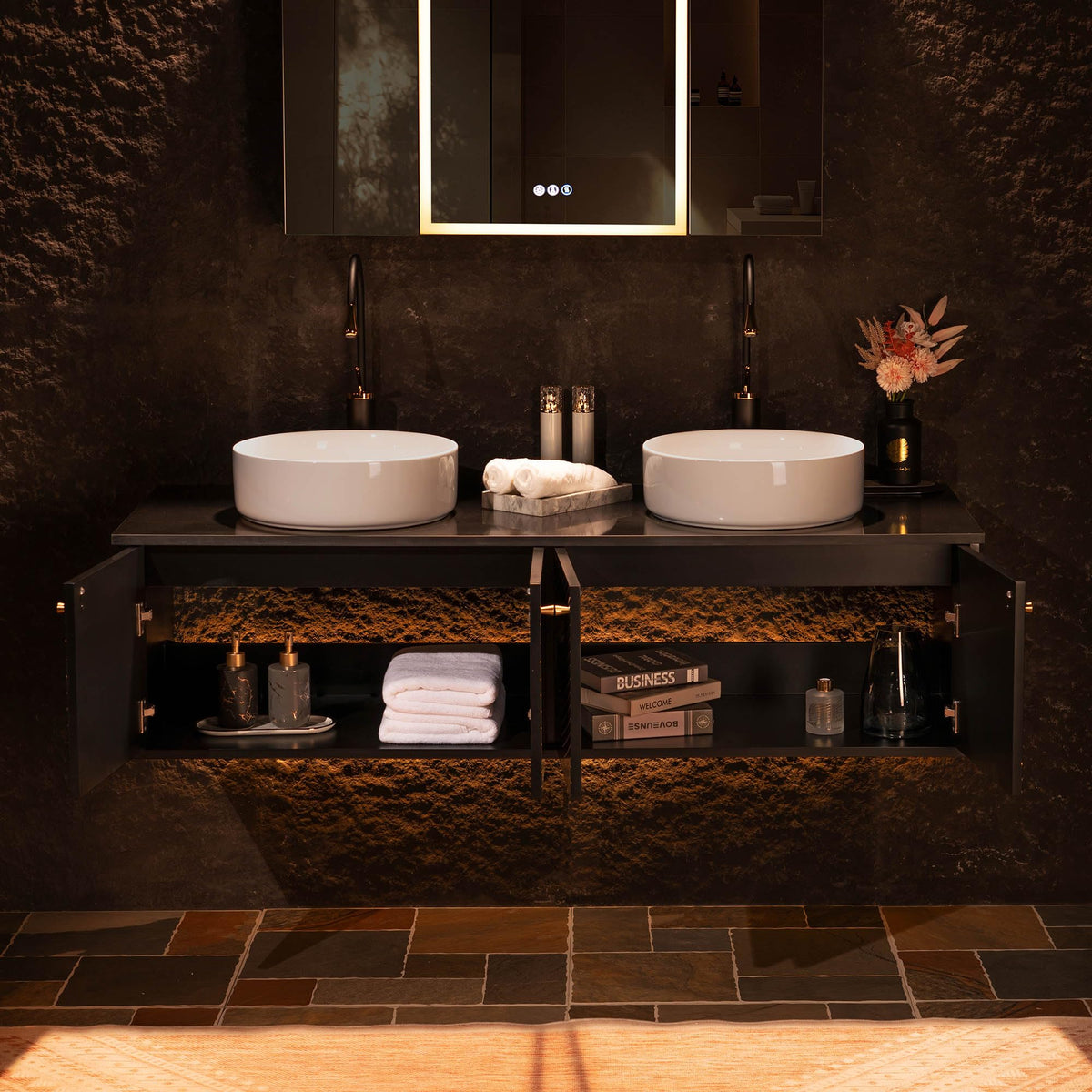 Woodbridge 60"X22" Wall Mounted Vanity with Double Ceramic Round Vessel Sinks,Black Engineered Stone Vanity Top,Floating Design with Hand-Painted Black & Gold Accents,Space-Saving for Modern Living