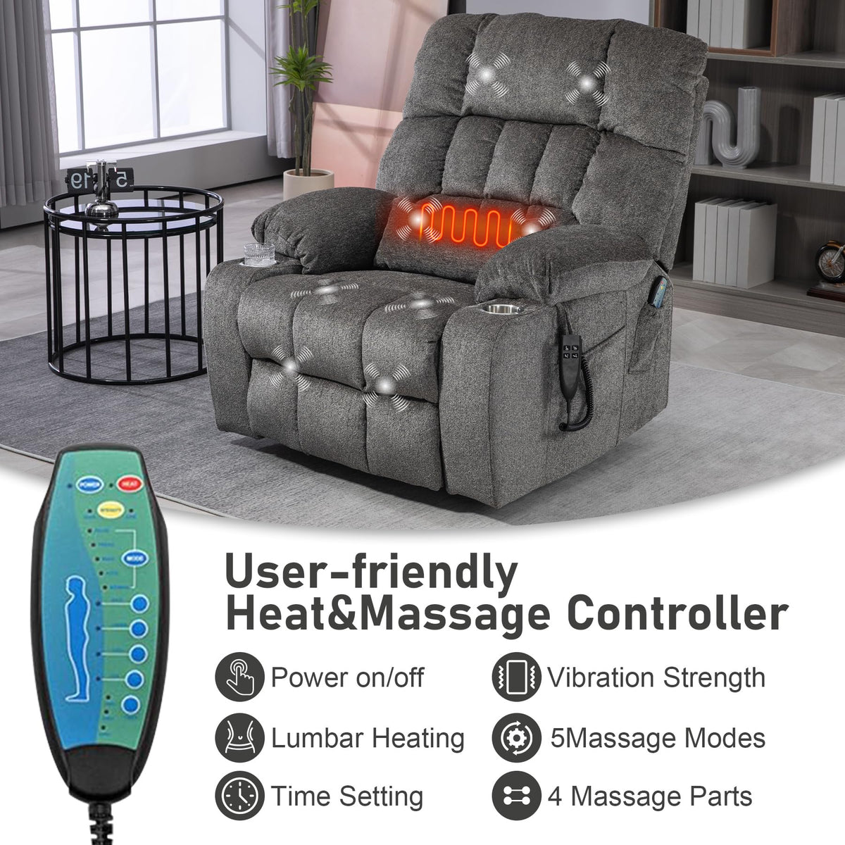 RHHVVR Oversized Power Recliner Chair for Big and Tall 400 LBS, 25.5" Extra Wide Electric Lift Chair with Heat and Massage, Dual Motor 180° Lay Flat Recliner Living Room Sofa, Chenille Big Lift Chair