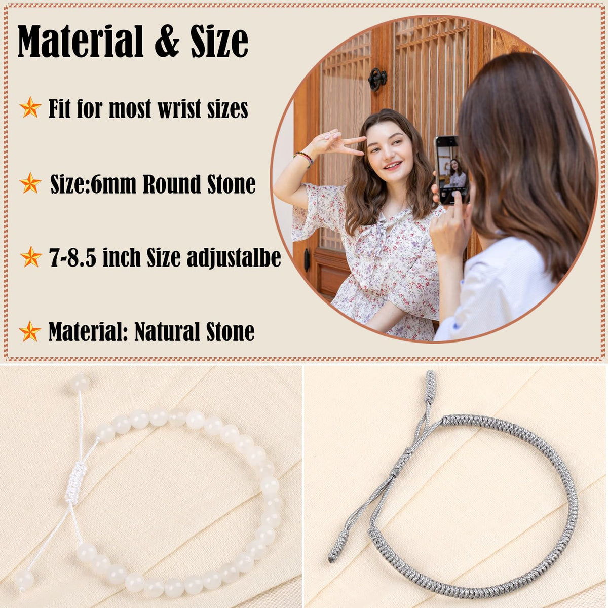 LPBeads 6mm White Jade Bracelet with Handmade Rope Bracelet Size Adjustable Natural Stone Crystal Healing Bracelets Gifts for Unisex Adults
