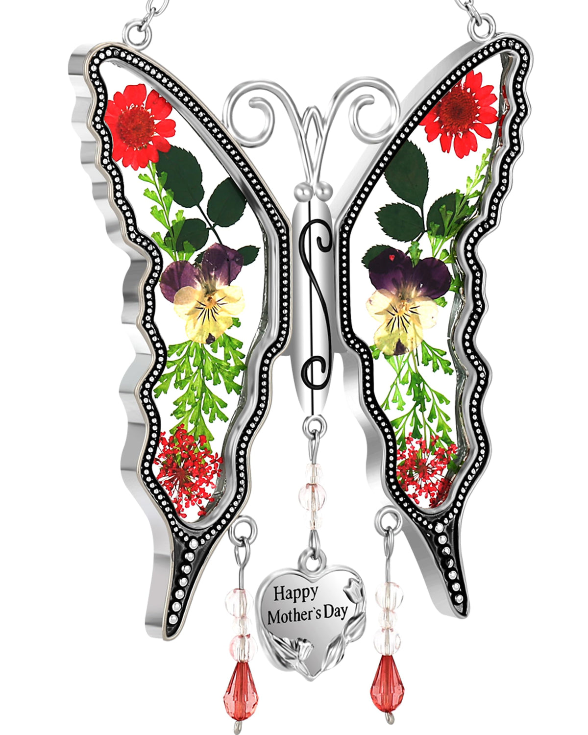 KY&BOSAM Gifts for Women Happy Mother`s Day Butterfly Suncatcher Stained Glass Suncatcher for Window Hanging Home Decor Wind Chime with Pressed Real Flower Garden Decor Gifts for Mom Mothers Day