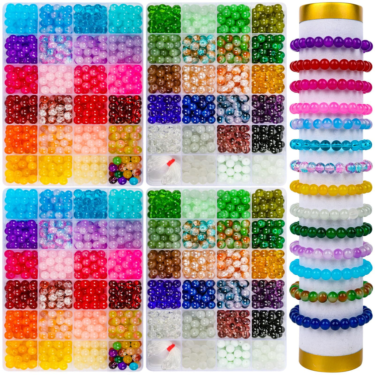 XSEINO 2400 PCS 8mm Glass Beads Bracelet Making Kit, 47 Colors Crystal Beads for Jewelry Making and DIY Crafts，4 Box Round Beads