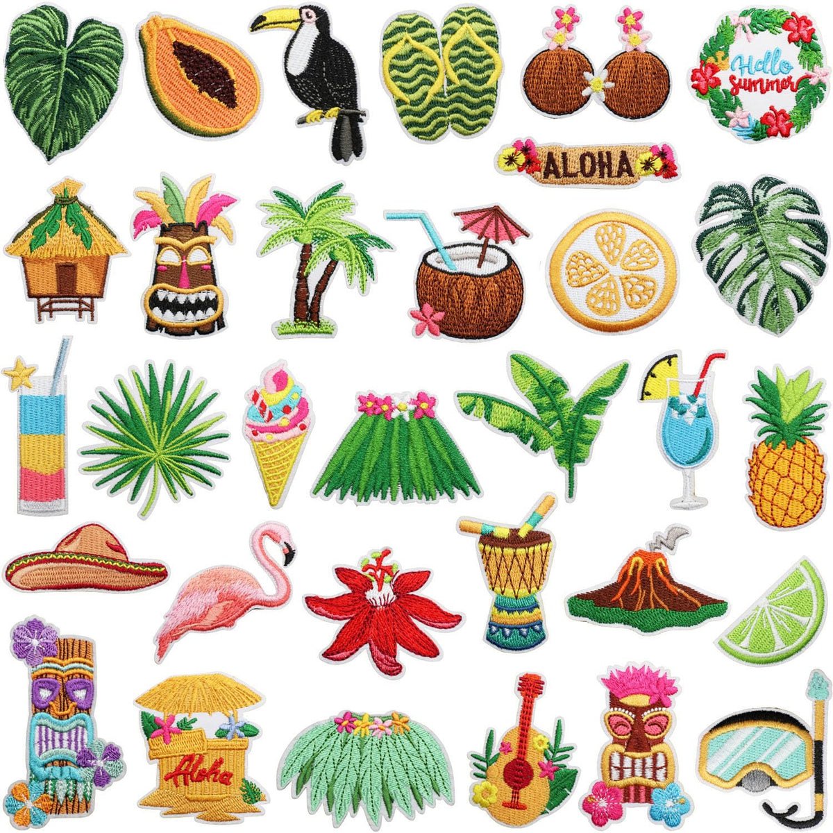 Nicime 32pcs Summer Hawaii Iron/Sew on Patches, Cute Funny Embroidered Applique, Vacation Tour Decration for Clothes, Hat, Bag, Jeans, Dress, Shirt