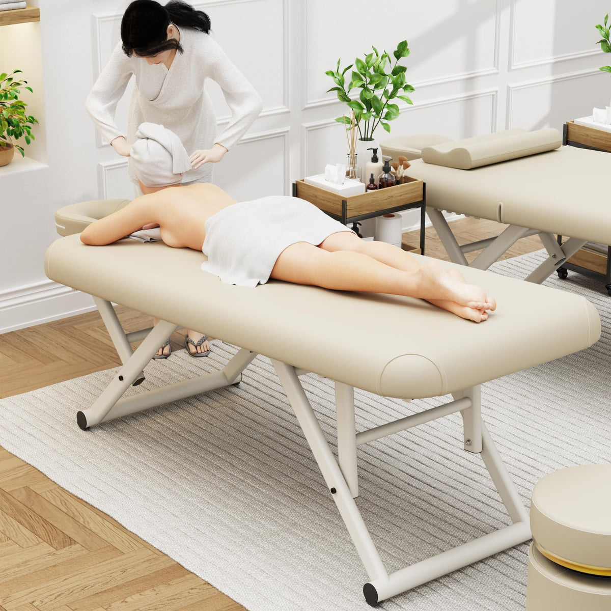 pouseayar Adjustable Massage Table with Face Pillow & Headrest, Sturdy and Solid, Silent and Easy to Adjust for Treatment Table Physical Therapy Table Spa Facial Bed - Fixed Backrest, Beige Gray