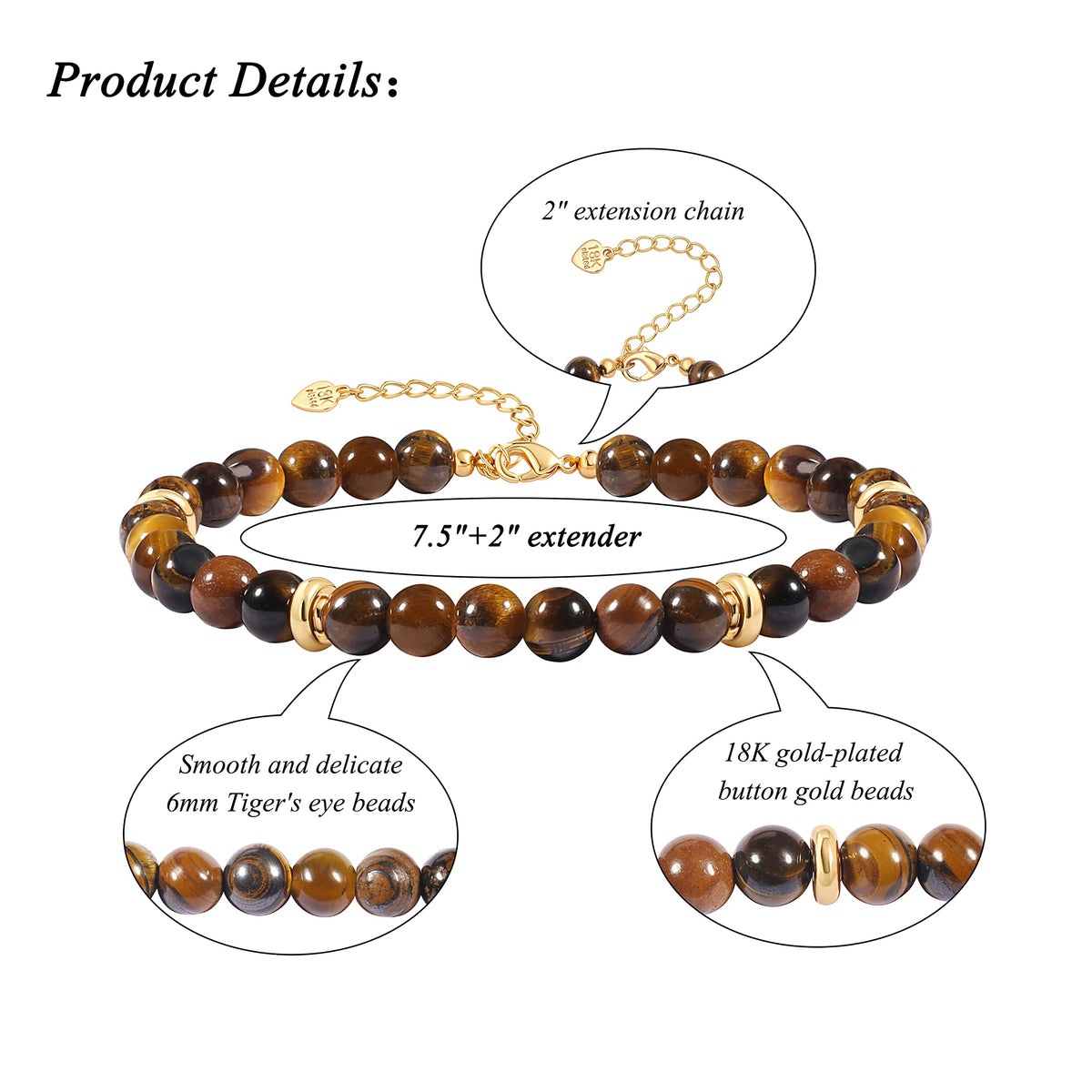 PERNNLA PEARL Tigers Eye Crystal Beaded Bracelets Handmade Anxiety Healing Bracelets for Women Dainty Eye of The Tiger Gemstone Protection Gold Bracelet 7.5”