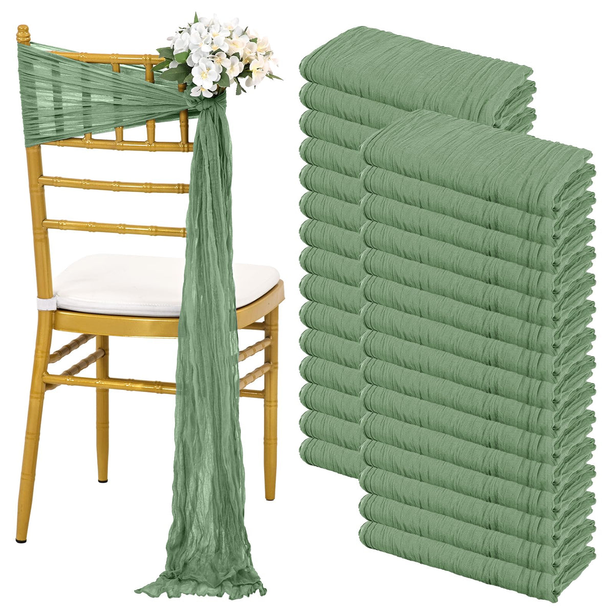 Pesonlook 30 PCS Sage Green Cheesecloth Chair Sashes 16 x 108 inch Cheesecloth Chair Sashes Rustic Chair Decorative Bows Designed Chair Cover for Wedding Banquet Party Aisle Home Kitchen Decoration