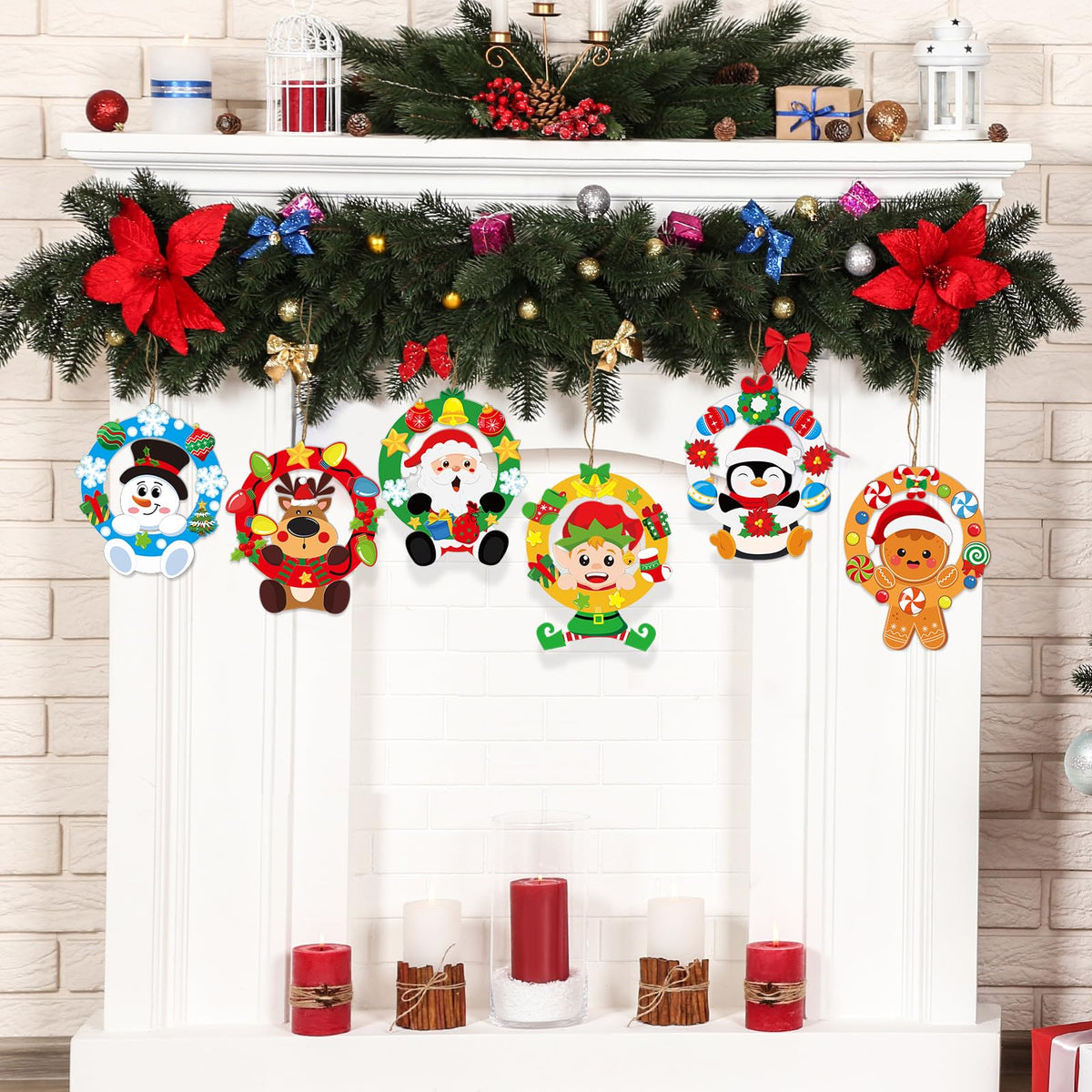Cinrobiye 24 Set Christmas Wreath Craft Kits DIY Winter Hanging Wreath Ornament Decorations Kit Xmas Snowmen Snowflake Santa Claus Crafts for Holiday Christmas Home Classroom Party Activities Project