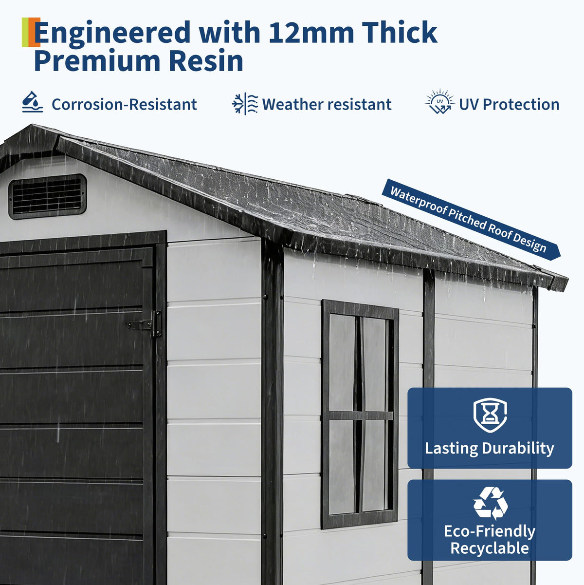 Outdoor Storage Shed with Floor, Plastic Resin Garden Shed with Window & Sloping Roof & Lockable Door for Patio Backyard Garden, Lawn Mower, Bike, Tool Storage (Grayish White + Black, 4' x 6')