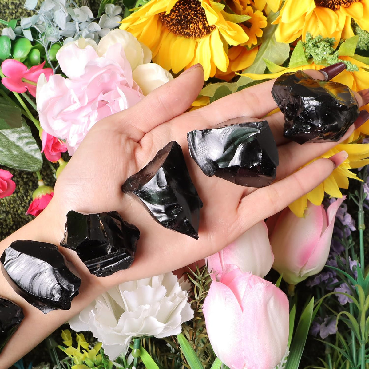 1Lb Black Obsidian Crystal Rocks Raw Stones for Tumbling, Black Obsidian Crystals Bulk Rough Gemstone for Jewelry Making, Healing, Meditation, Sculpture