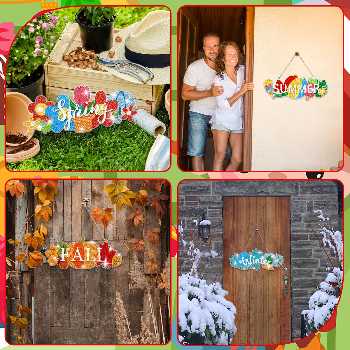 Cinnvoice 12 Pcs Seasonal Diamond Art Wreath Kits Holiday 5d DIY Diamond Painting Signs Germ Hanging Art Ornaments for Wall Door Decorations (Rustic)