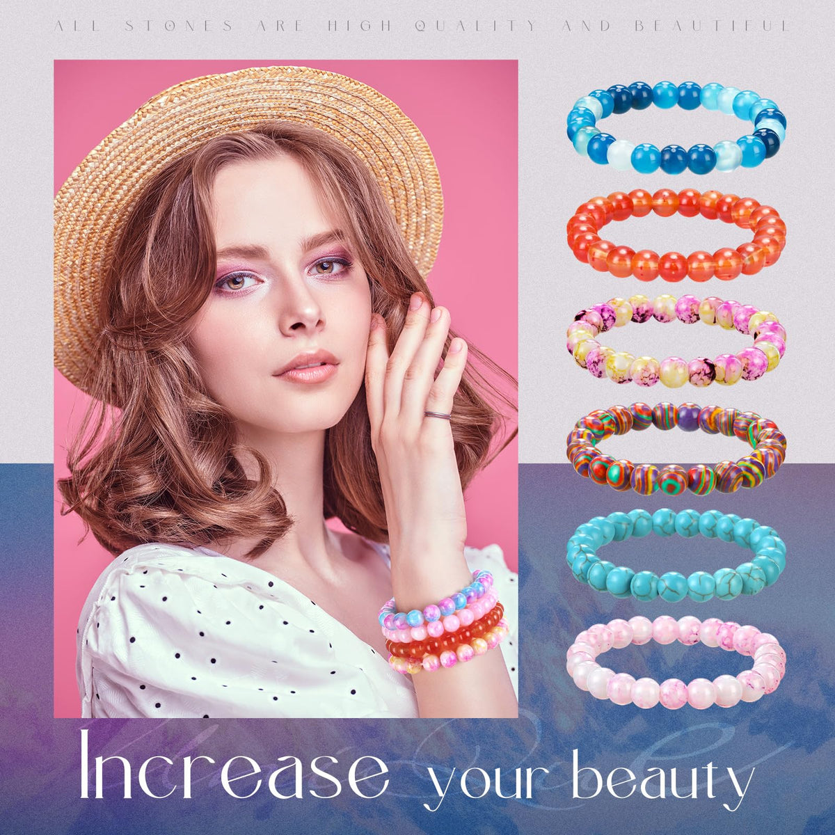 Landical 24 Pcs 8mm Gemstones Beaded Bracelets for Men Women Stretch Round Bead Bracelets Set Healing Crystal Stone Bracelets Semi Precious Bracelets