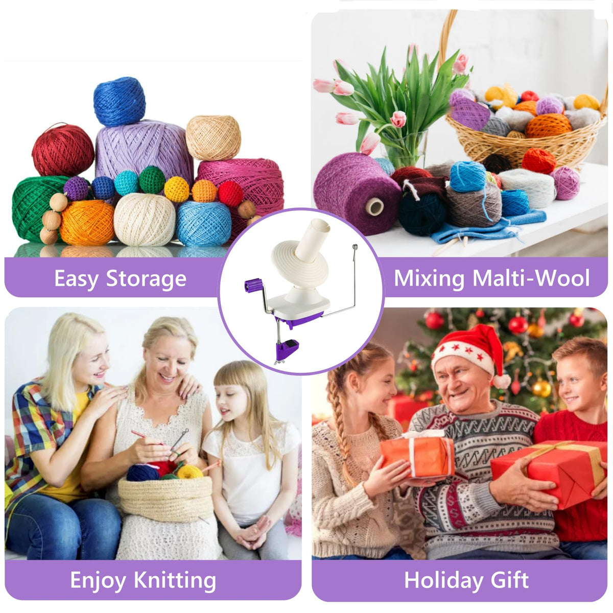 Yarn Ball Winder, Hand Purple Ball Winders for Yarn, Yarn Winder with Easy Installation for Yarn Storage +2PCS Adjustable Knitting Loop Crochet+10 PCS Stitch Knitting Needles +10 PCS Plastic Needles