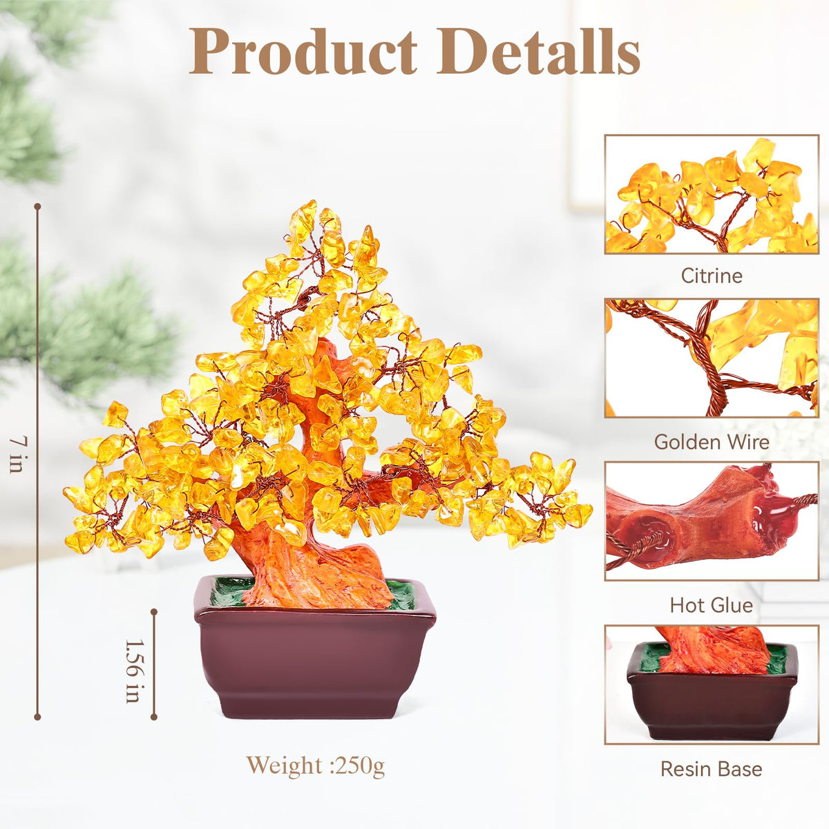 AzureLeap Feng Shui Quartz Crystal Money Tree Bonsai Style Decoration for Luck and Wealth (Yellow)