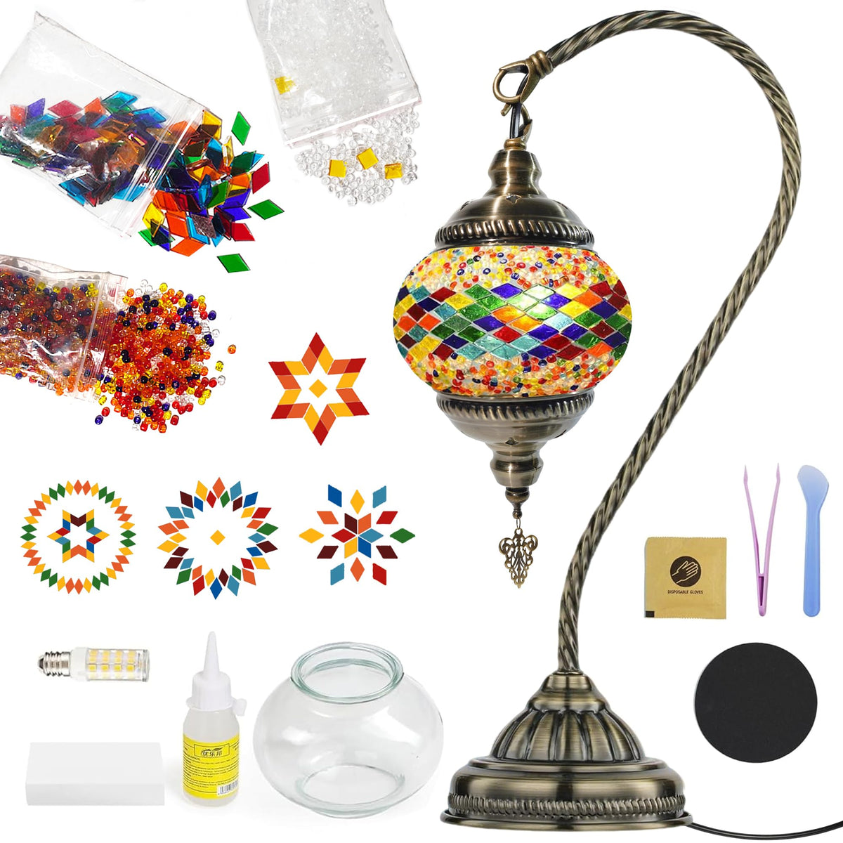 LOZNDA DIY Turkish Mosaic Lamp Kit, Bedside Turkish Lamp Bohemian Moroccan Unique Gift Idea, Mosaic Art & Craft Project Kits for Adults & Teens for Living Room (Prism Aura)
