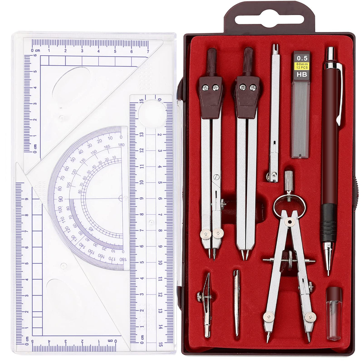 Compass Geometry Tool, 13PCS Compass and Protractors Set Math Geometry Drawing Tool Precision Set Graphic Compasses Triangle Rulers Pencils Protractor with Storage Case (Brown)