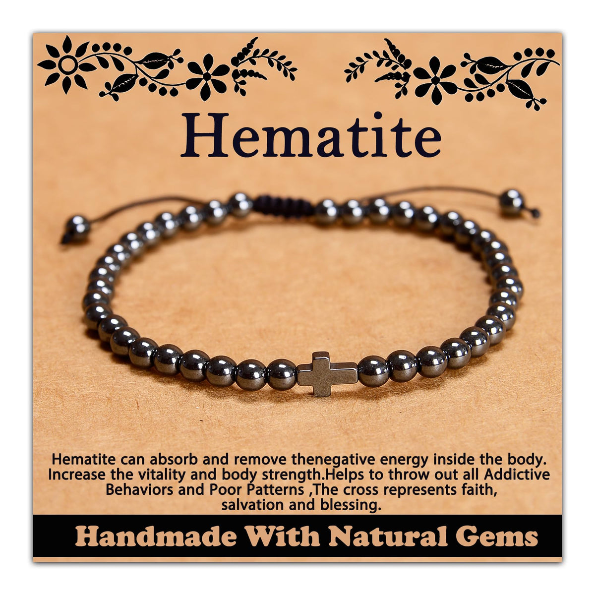 CHCCOYE 4mm Handmade Adjustable Natural Gemstone Crystal Bracelet Healing Power Energy Inspirational Gifts with Card for Unisex (Hematite)