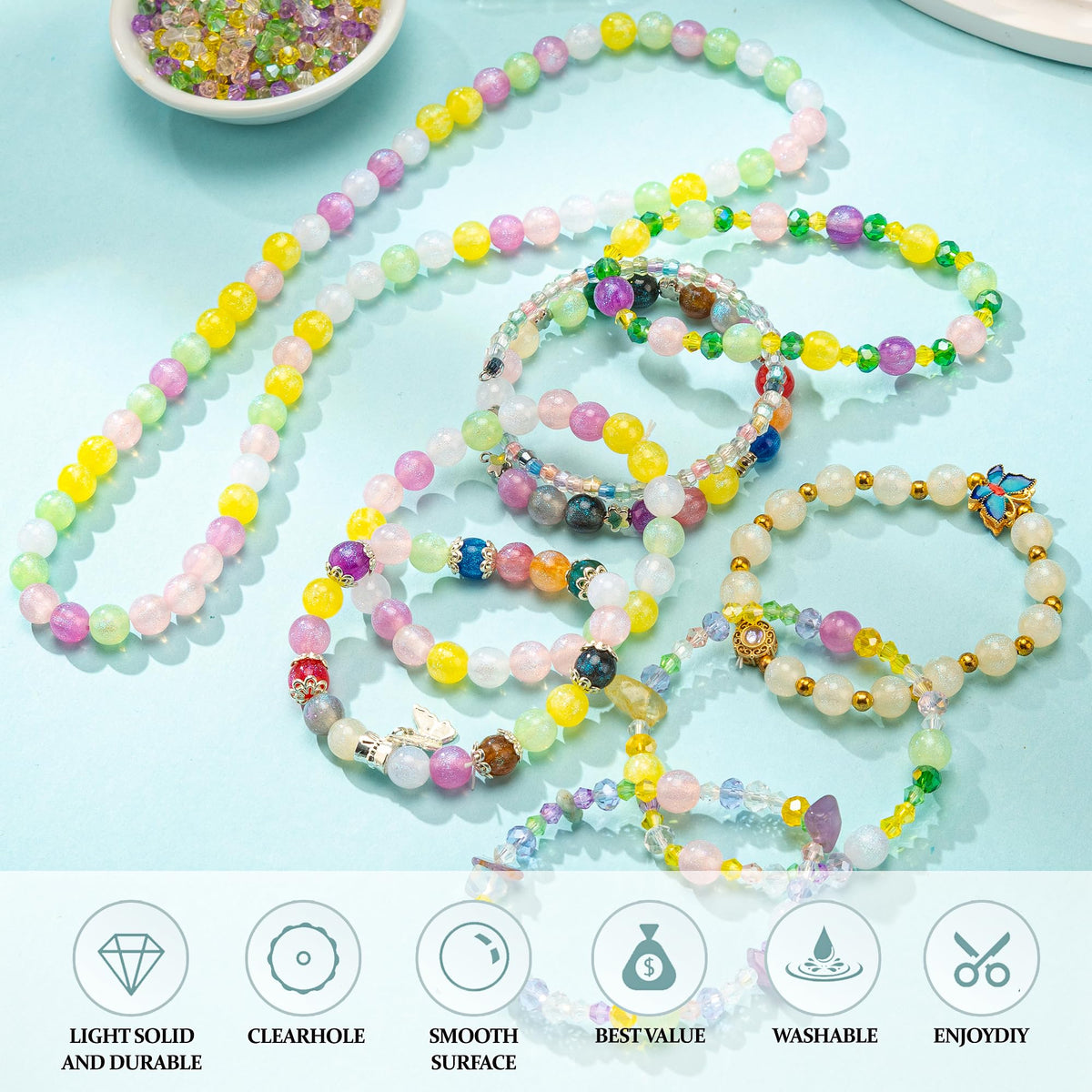 Craft Glass Assorted Beads for Bracelet Making Kit, Including Rondelle Beads, Facted crystal Beads, Ideal for DIY Handmade, Charms, Necklaces & Accessories, Jewelry Making Supplies for Beads Lovers