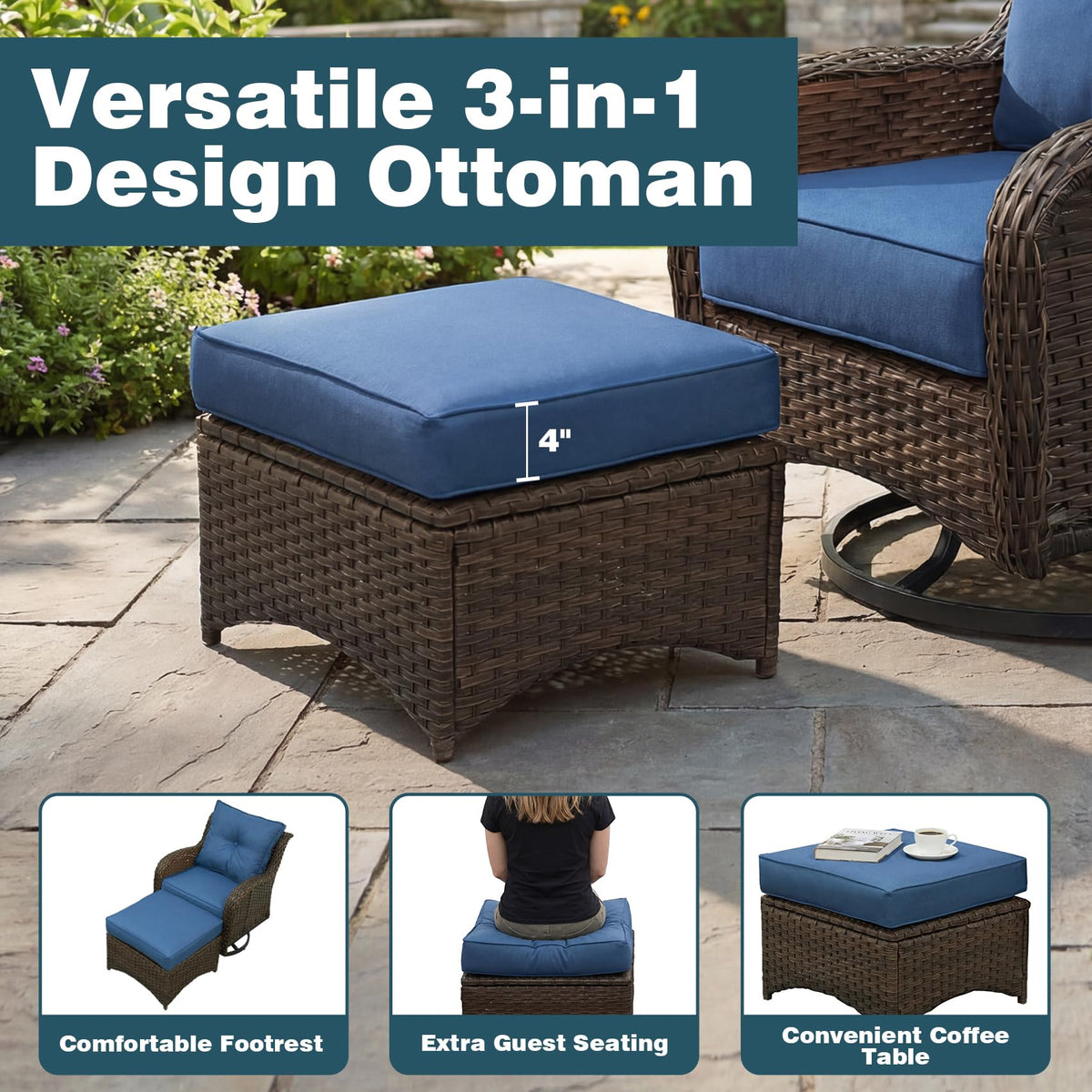 SAILARY Patio Furniture Set, 5PCS Outdoor Wicker Conversation Set with 6" Thick Cushions, High Back Swivel Rocker Chairs, Weather Resistant Olefin Fabric for Garden, Poolside, Navy Blue