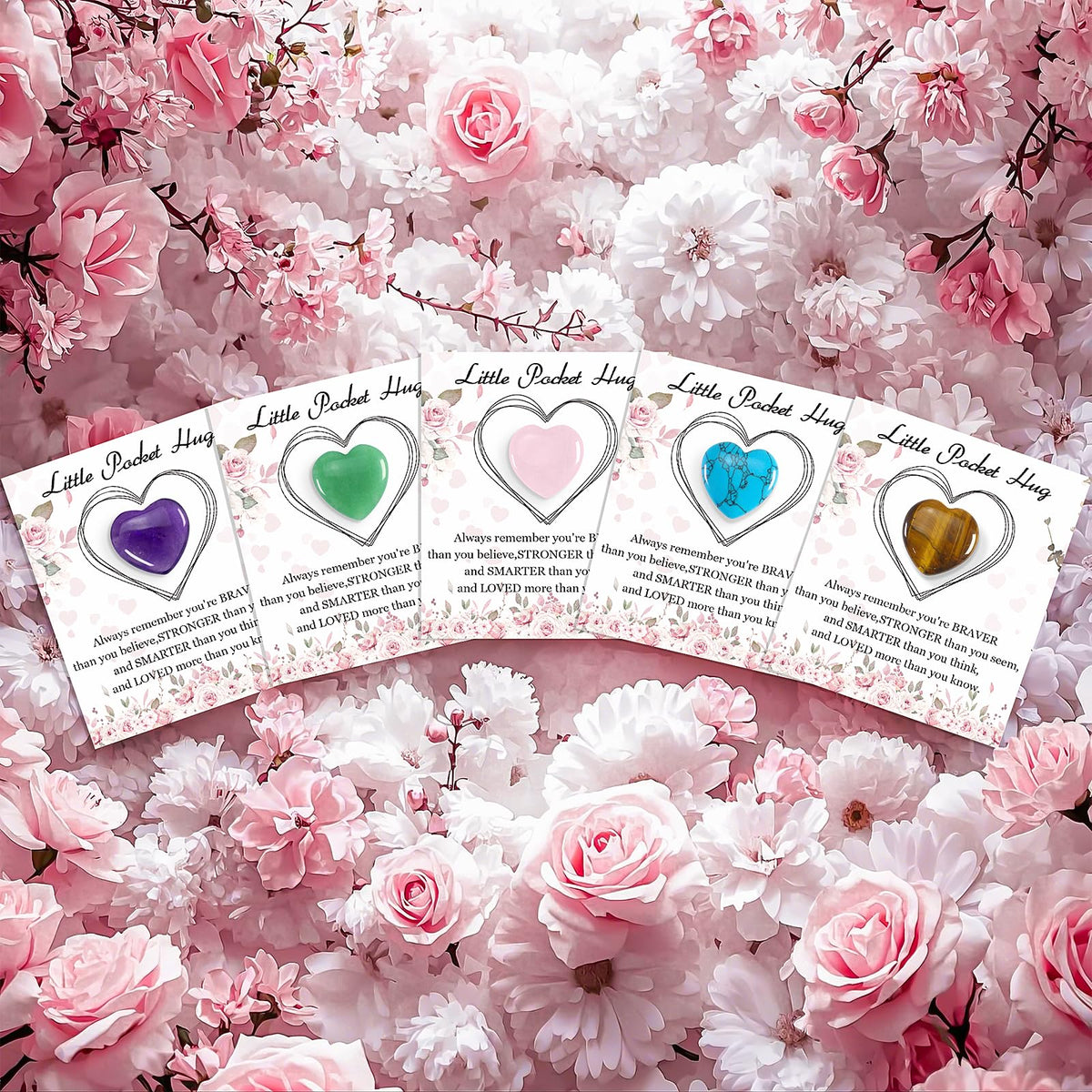50 Sets Pocket Hug Bulk with Heart Shape Natural Stones & Healing Crystals, Mini Polished Gemstones for Meditation, Yoga, Chakra Balancing, Gift for Friends, Family, Colleagues