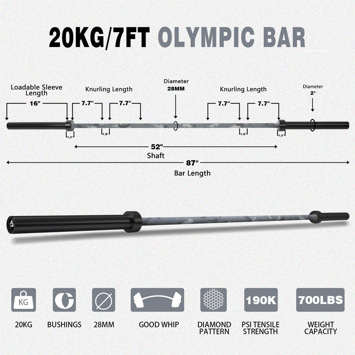 Huisheng 7ft Olympic Barbell for Strength Training and Olympic Weightlifting, 500 700 1000LBS Capacity Available, 2 Inch Bar for Squats, Home Gym Fitness Equipment, Bench Press, Deadlift,Powerlifting