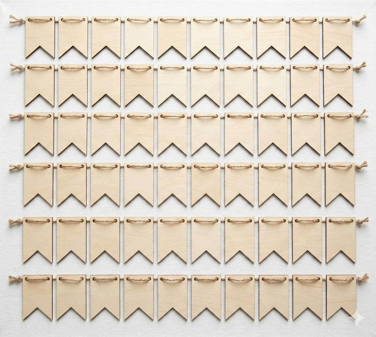 Oojami 50-Pack Unfinished Wood Banner Flags with Twine – Natural Wooden Pennant Ornaments for Crafts, Painting, Wood Burning, and Laser Engraving – Custom Blank Garland Kit for Party & Event Decor