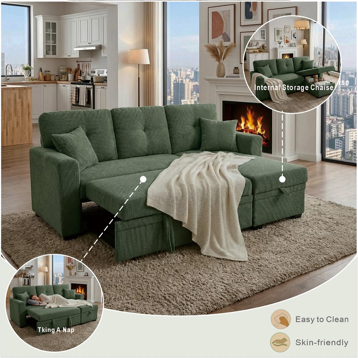 Eafurn 71" L Shaped Sectional Sleeper Sofa Bed with Pull Out Bed, Comfy Fabric Corner Sleeper Sectional Pull Out Couch with Tufted Backrest/Reversible Storage Chaise/2 Pillows