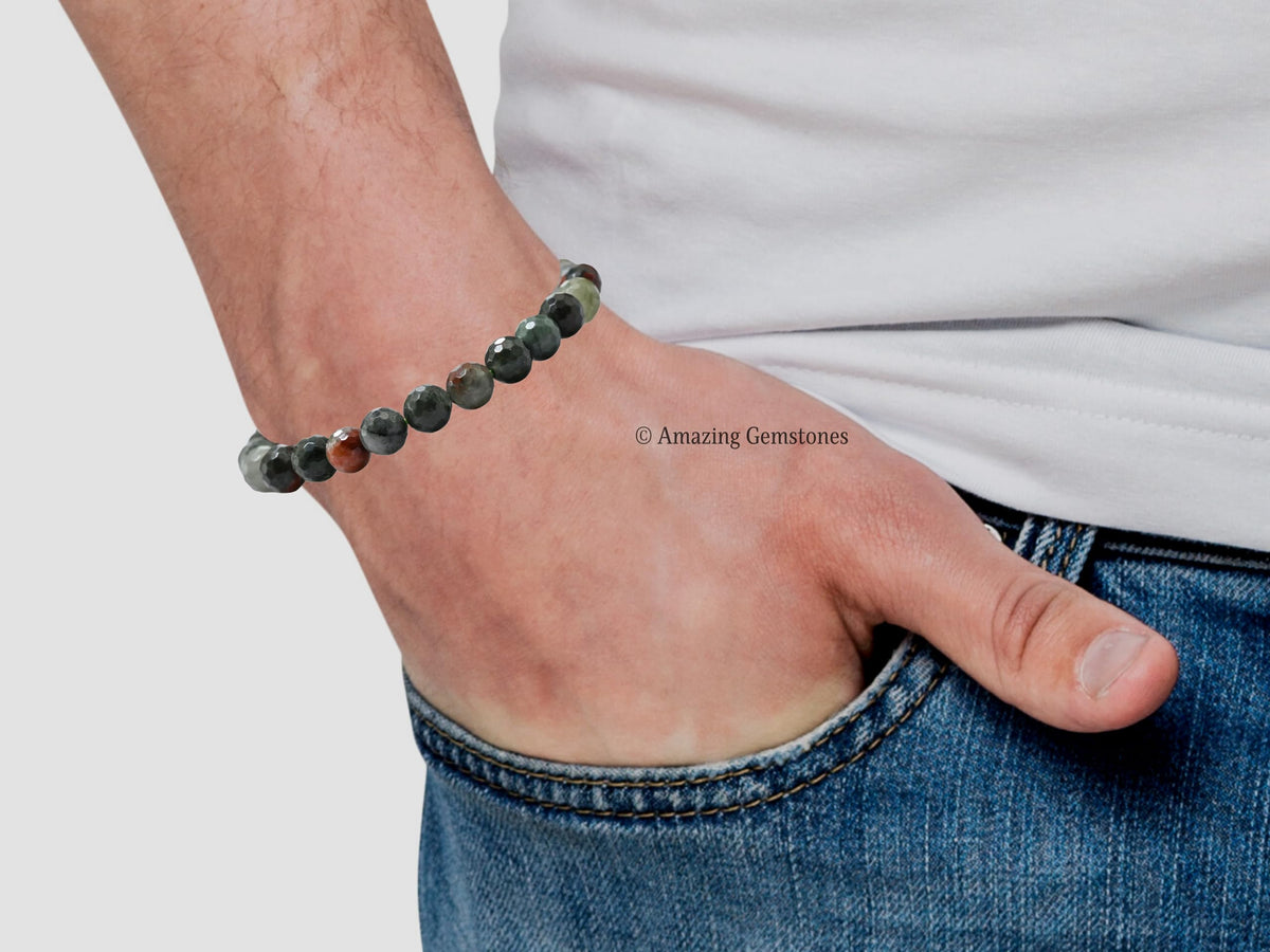 Amazing Gemstone African Bloodstone Bracelet for Women - Chakra Mens Bracelet Protection Crystals and Healing Stones - Faceted Beaded Blessing Bracelet Spiritual Meditation Gift Christmas