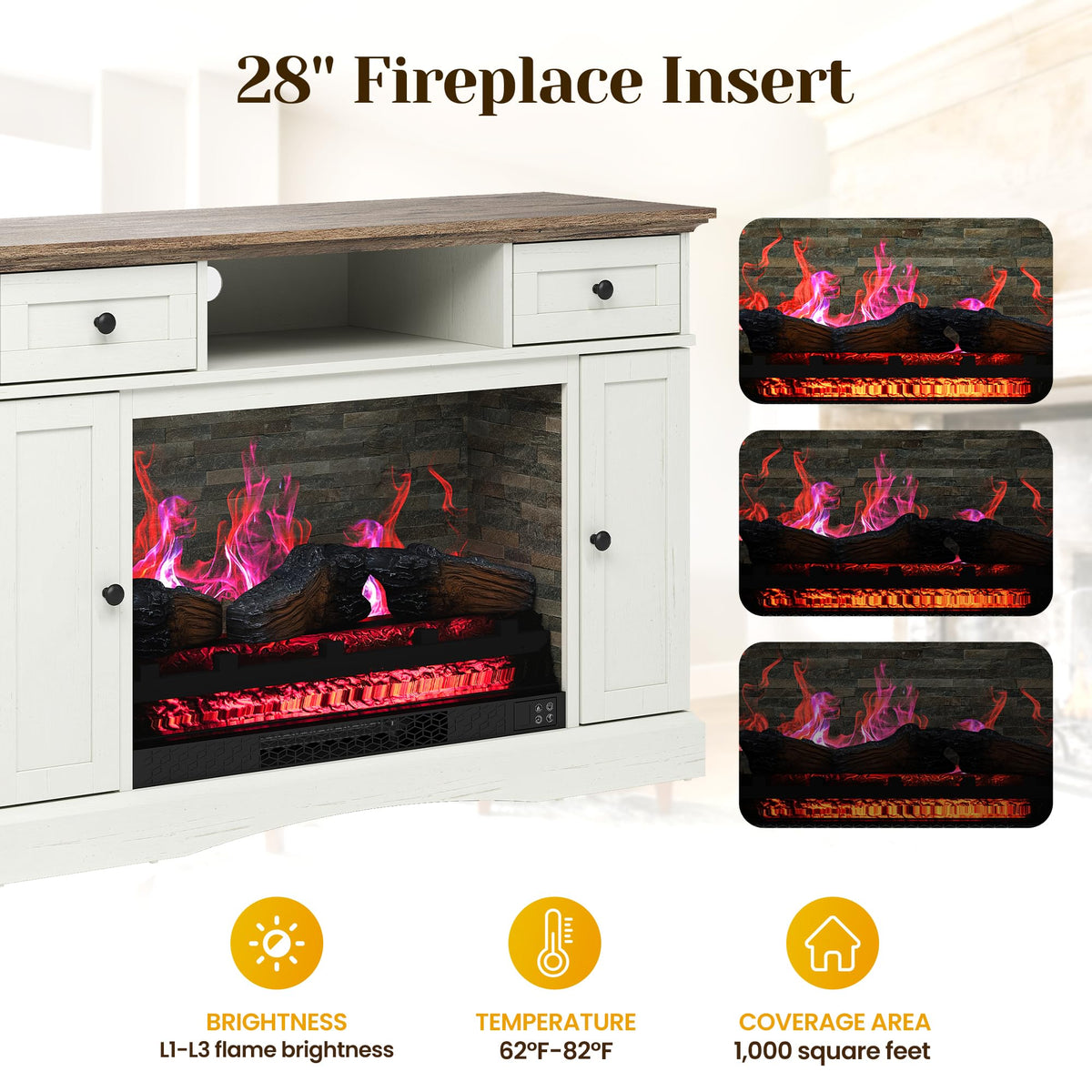 FansaFurn TV Stands with 28'' Electric Fireplace, Media Console Table with Adjustable Shelves & Double-Door, Entertainment Center for TVs up to 55'' for Living Room, White and Rustic Oak