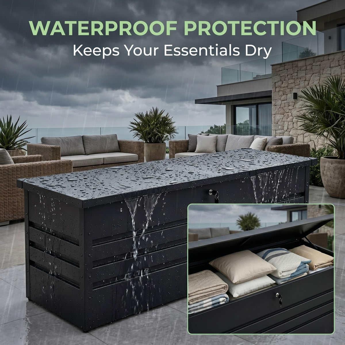 Zolyndo 260 Gallon Waterproof Metal Deck Box, Extra Large Outdoor Storage Box with Hydraulic Lid for Outside Patio, Cushions, Garden Tools, Pool Supplies (Black)