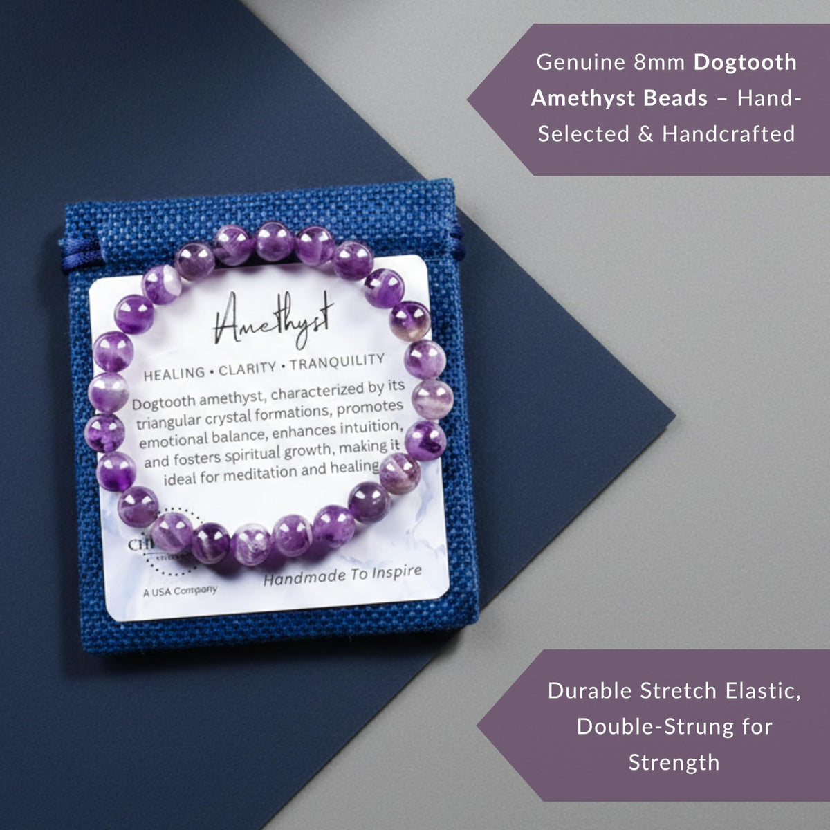 Cherry Tree Collection Dogtooth Amethyst Bracelet – Handmade 8mm Genuine Amethyst Beaded Bracelet for Men & Women – Healing, Protection & Positive Energy (Medium)