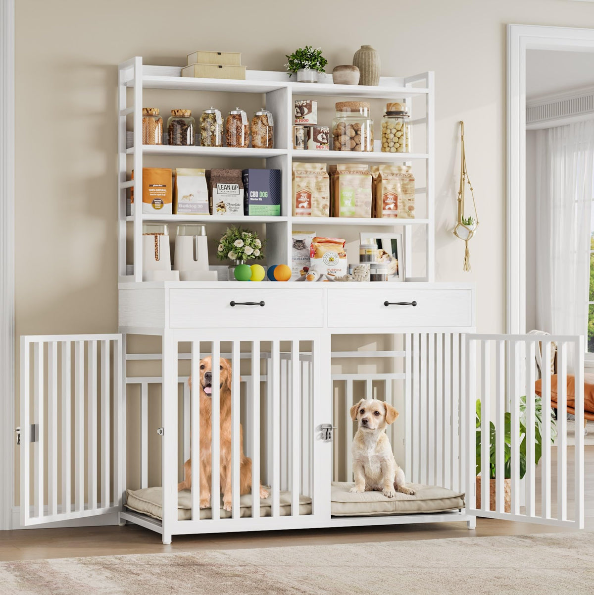 Keyluv 71''H x 47.2''W Large Dog Crate Furniture with 4-Tier Shelves and 2 Storage Drawers, Heavy Duty Dog Cage Furniture with 2 Doors, Wood & Metal Dog Kennel Indoor for Small/Medium/Large Dog, White