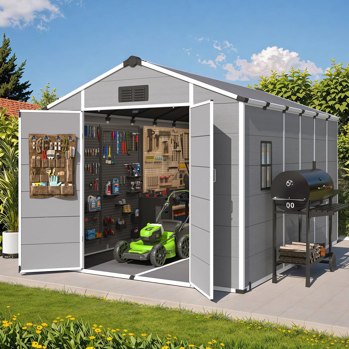 MELLCOM 8 x 12 FT Plastic Outdoor Storage Shed with Floor, Outdoor Resin Storage Tool Shed with Windows and Lockable Door, Resin Garden Shed for Lawnmower, Bike, Garbage Can