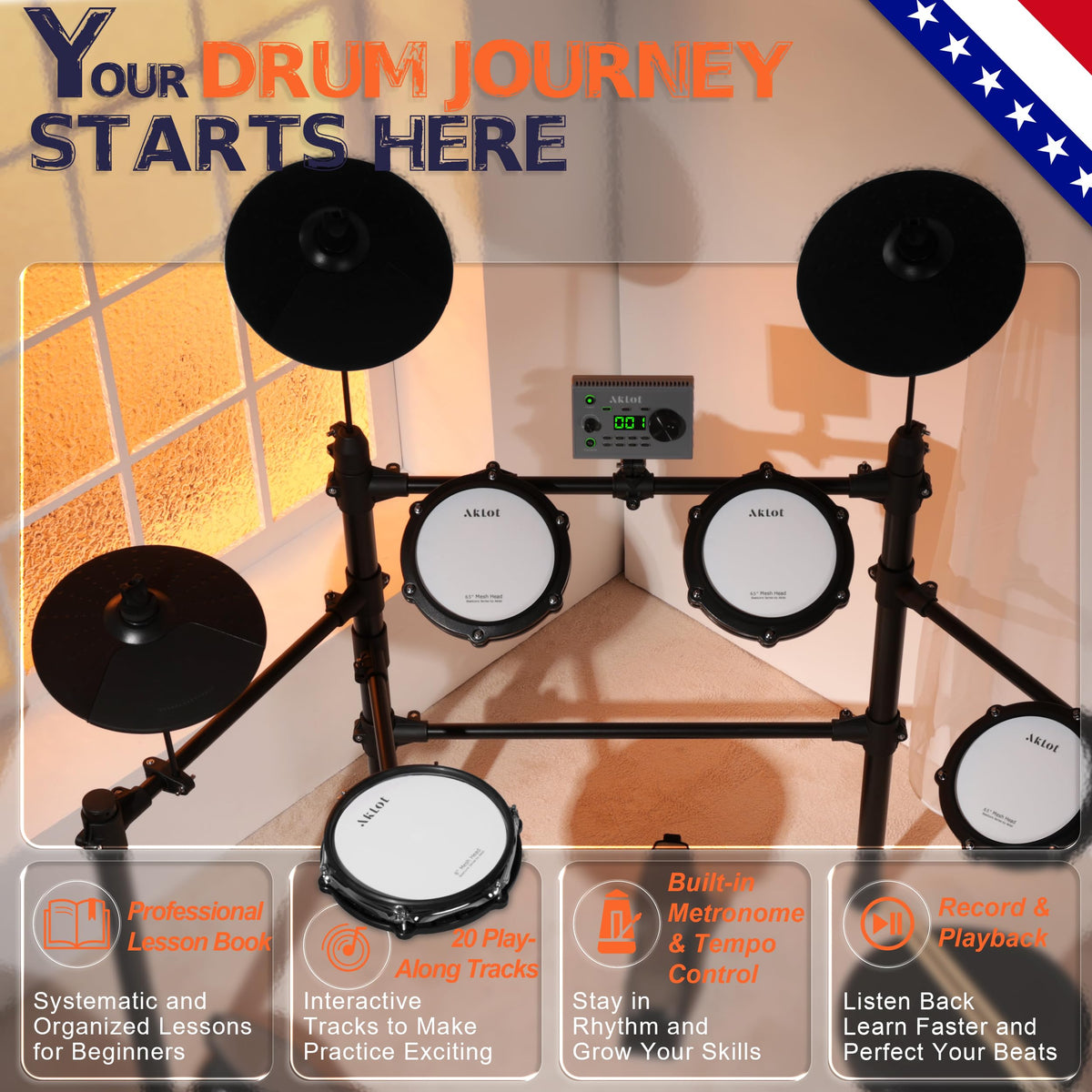 AKLOT Multi-Zone Electric Drum Set: 4 Dual-Trigger Quiet Mesh Drums, 360 Sounds, 10 User Kits, Cymbals with Choke, Electronic Drum Set with Throne, Headphones, Lesson Book for Beginner (B-CORE530Pro)