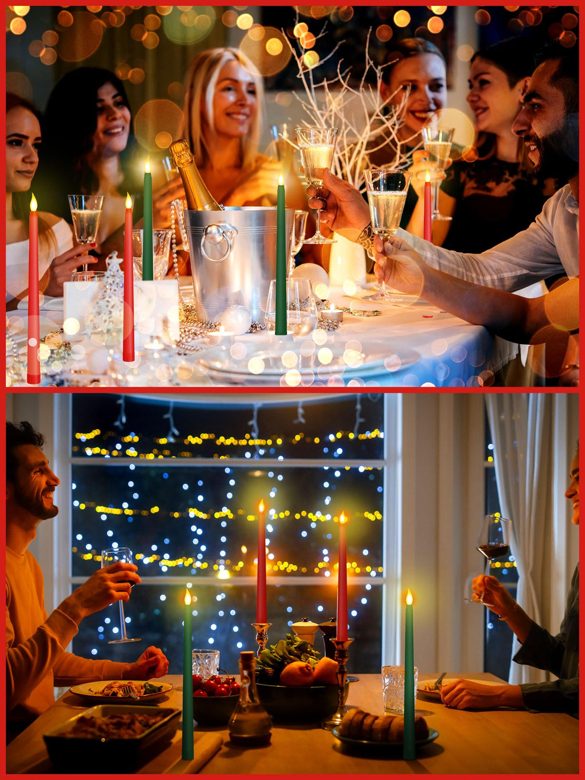 Funtery 48 Pcs Flameless LED Taper Candles Battery Operated Candles Bulk Realistic LED Candlesticks Flickering for Wedding Church Graduation Party Home Decor(Red, Green,Classic Style)
