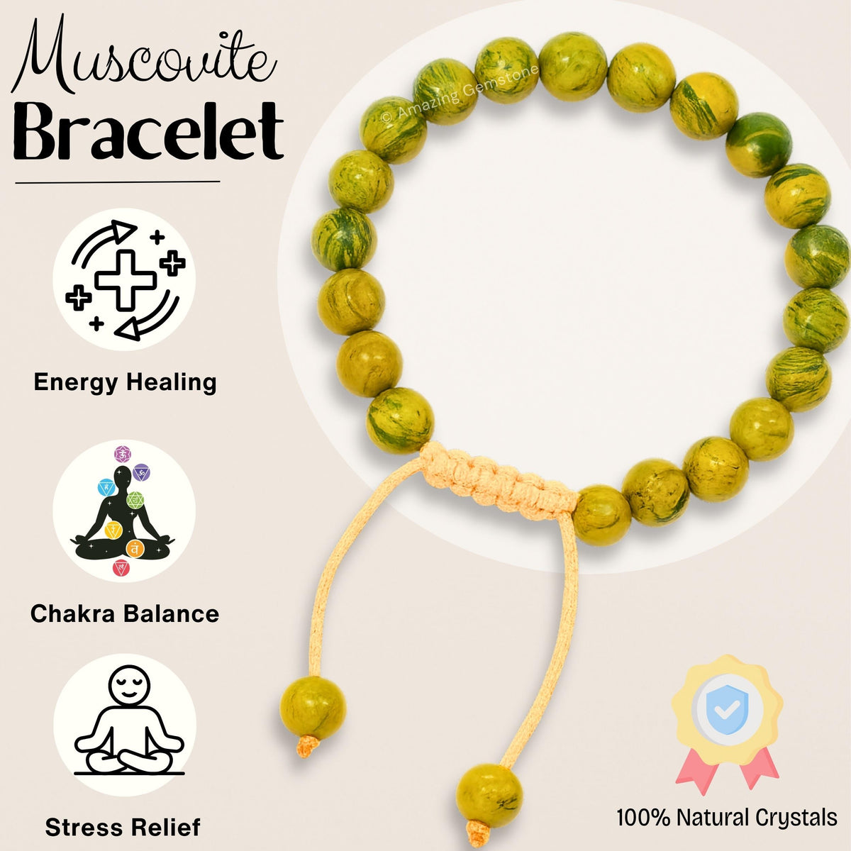 Amazing Gemstone Muscovite Bracelet for Women Men's Gifts - Protection Healing Crystal Bracelet - 8mm Gemstones Beaded Adjustable Bracelet Pulseras Para Hombres Mujer Stocking Stuffers