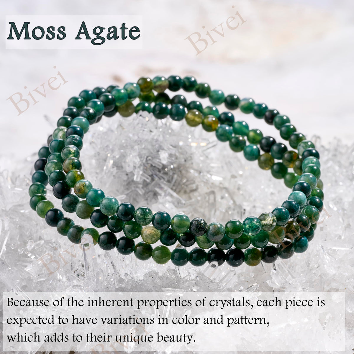 Bivei Moss Agate - Grounding - 4mm Beaded Bracelets for Women Handmade Semi Precious Natural Stone Stretch Elastic Jewelry Yoga Protection Gifts