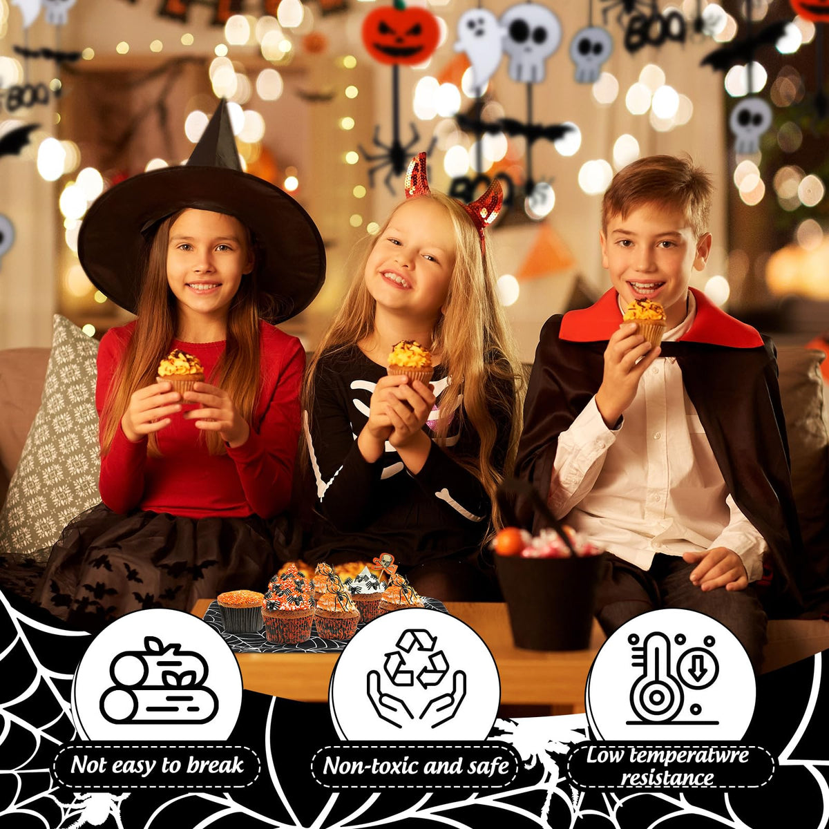 Whaline 3 Pcs Halloween Serving Trays Black White Spider Webs Reusable Melamine Trays Platters for Movie Night Birthday Holiday Party Food Supplies, 10 x 13 Inch