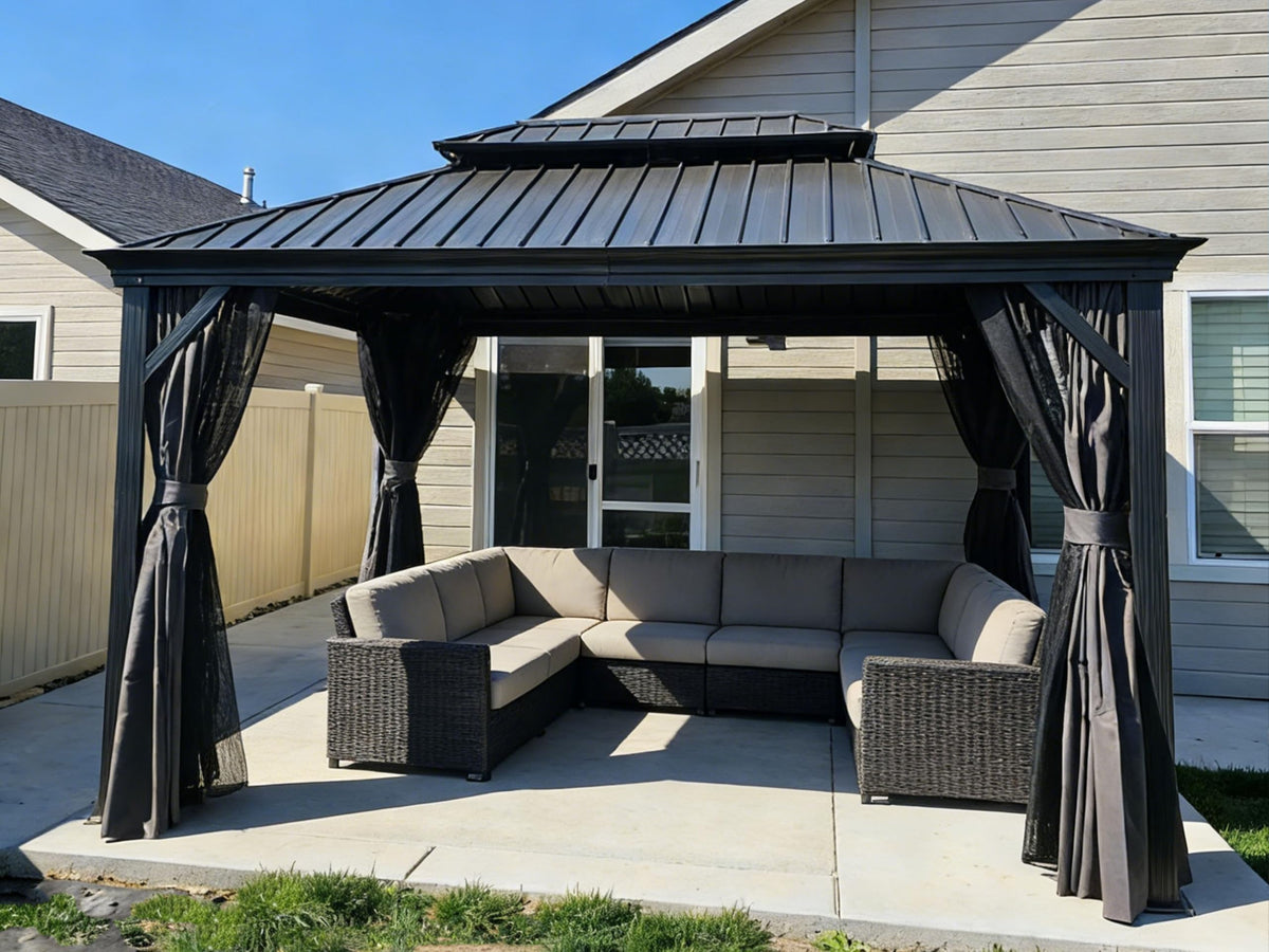 PURPLE LEAF 10' X 14' Permanent Hardtop Gazebo Aluminum Gazebo with Galvanized Steel Double Roof for Patio Lawn and Garden, Curtains and Netting Included, Grey