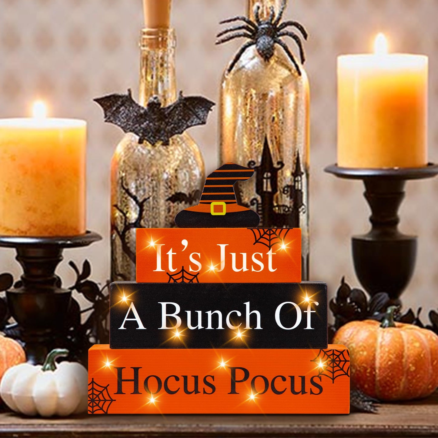 Halloween Wooden Block Sign with Led Lights- Halloween Indoor Decorations Witch Light up Wood Sign Decor for Table Mantle- Halloween Festive Haunted House Farmhouse Home Tabletop Tiered Tray Decor