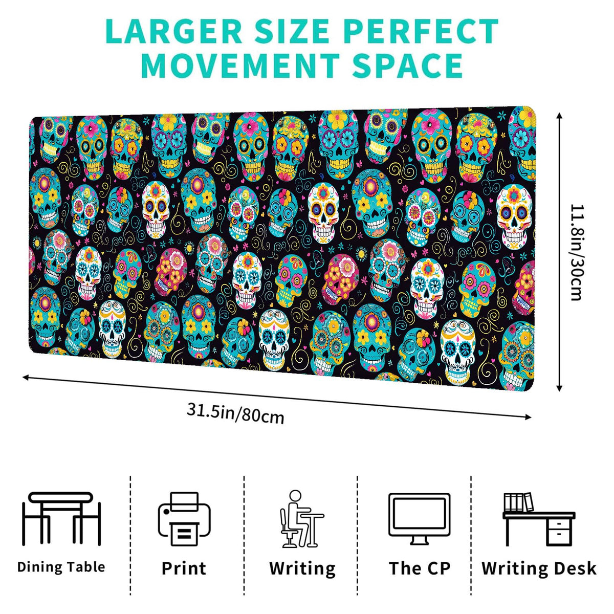 ainori Sugar Skull Gaming Mouse Pad,12x31.5in Non-Slip Rubber Day of The Dead Desk Mat,Large Extended Mousepad for Office Home Laptop,Halloween Mice Pads Gifts,Festive Game Lover Deskmat Decor