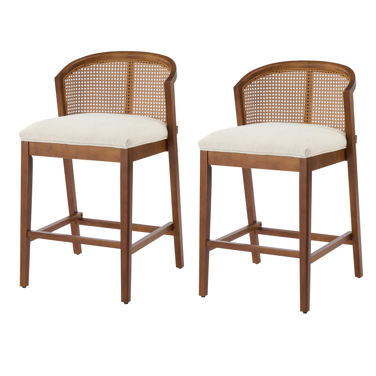 Christopher Knight Home JENA Rattan Counter Stools Set of 2, Counter Height Bar Stools for Bar Table, Rubberwood Frame with Upholstered Barstools, Wood Accent Chair with Footrest, Beige + Walnut
