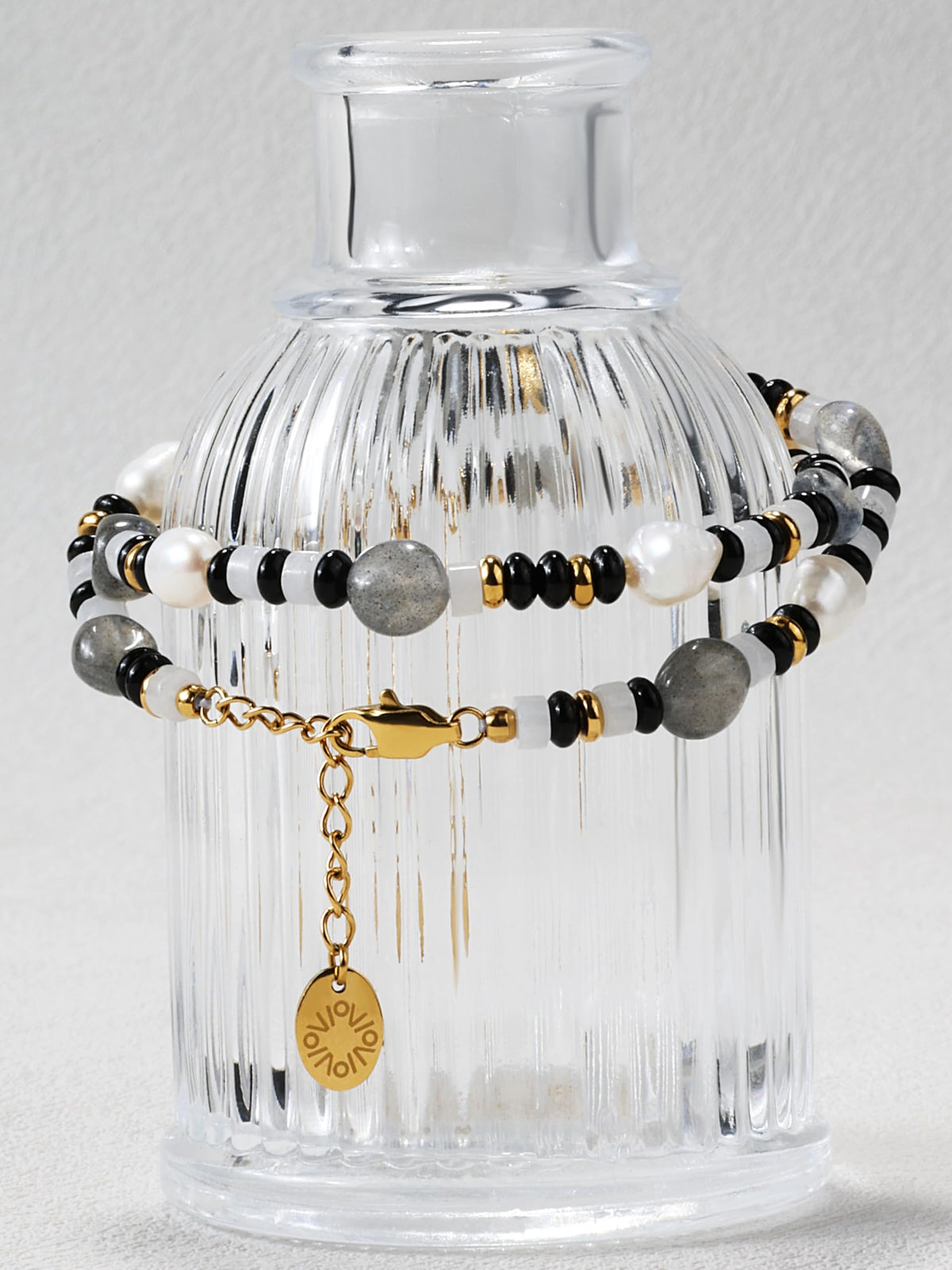 Natural Gemstone & Freshwater Pearl Bracelet for Women, 18K Gold PVD-Coated, Labradorite, Black & White Chalcedony（Medium