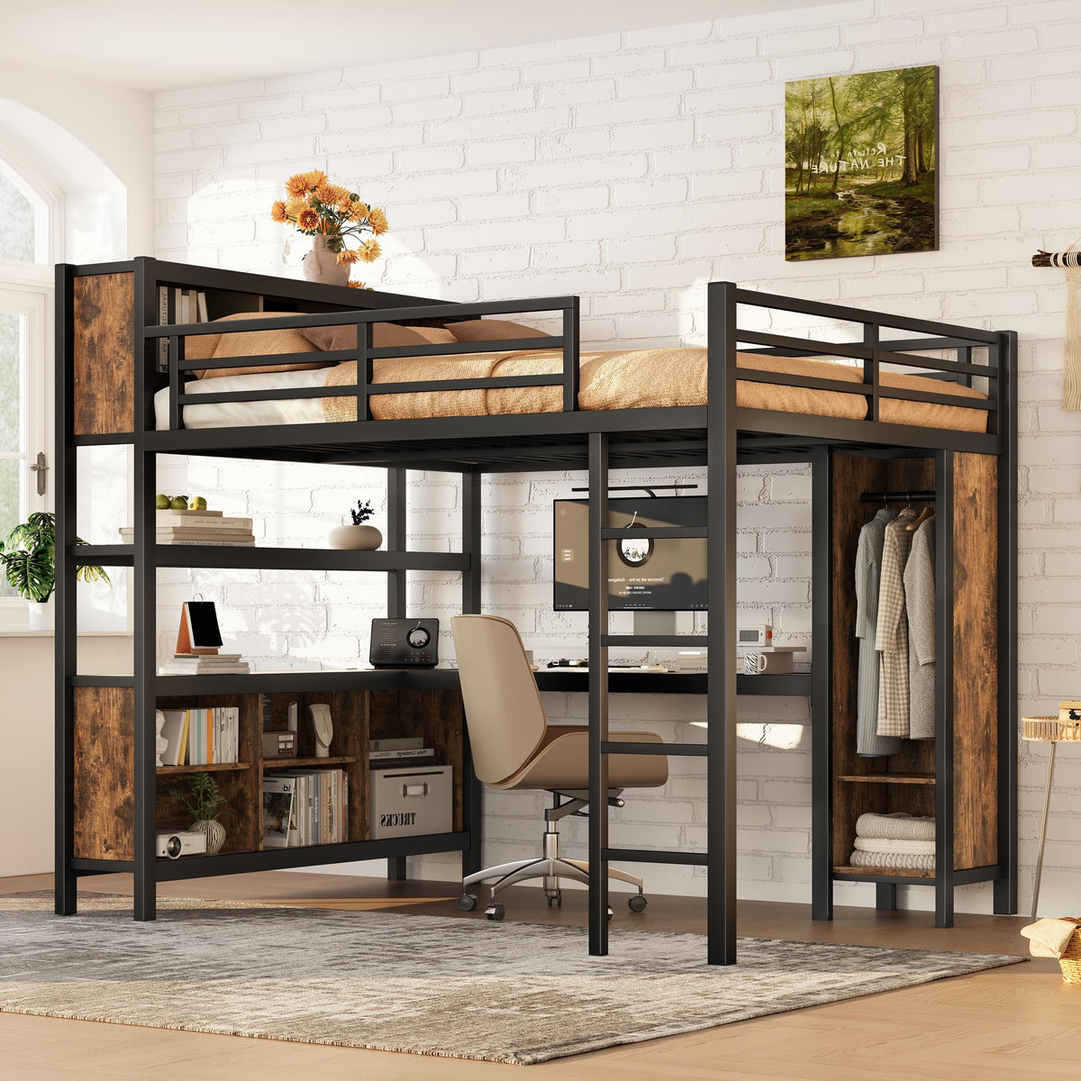 Ball & Cast Metal Loft Bed with Wardrobe and L-Shaped Desk,Queen Size Loft Bed with Storage Cubes and Shelves,Heavy Duty Loft Bed Frame for Kids Teens Adults,No Box Spring Need,Black+Brown