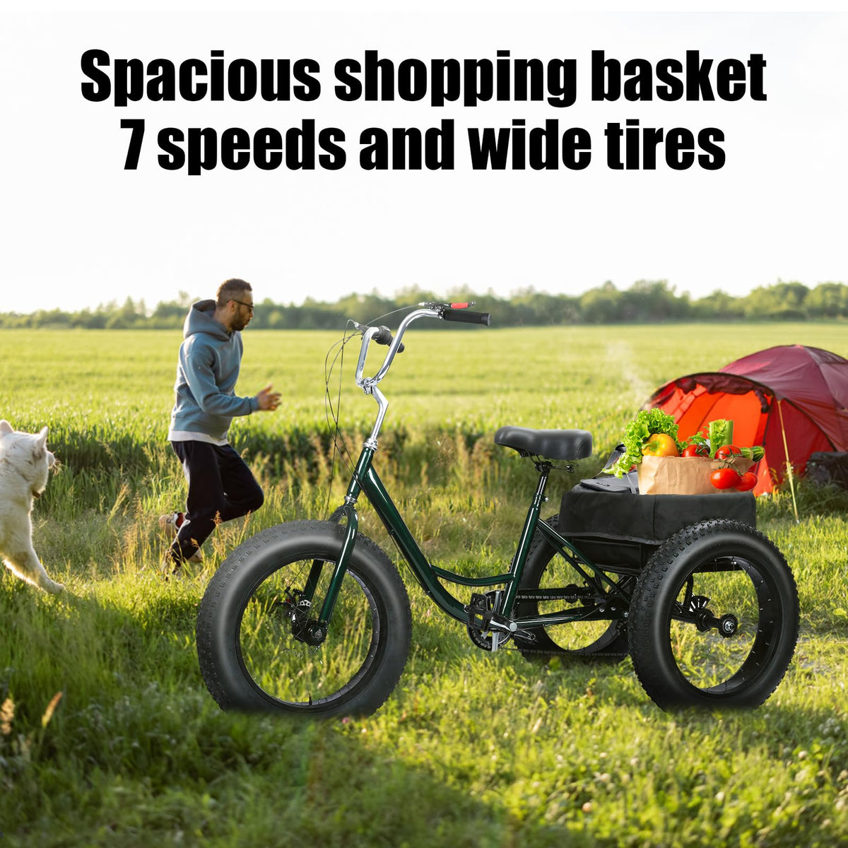Maixhae Tricycle for Adults, Fat Tire 3 Wheel Bike with 7 Speeds, 450lbs Capacity, 20 Inch All-Terrain Trike, Dual Disc Brakes, Adjustable Seat & Large Rear Basket (Black)