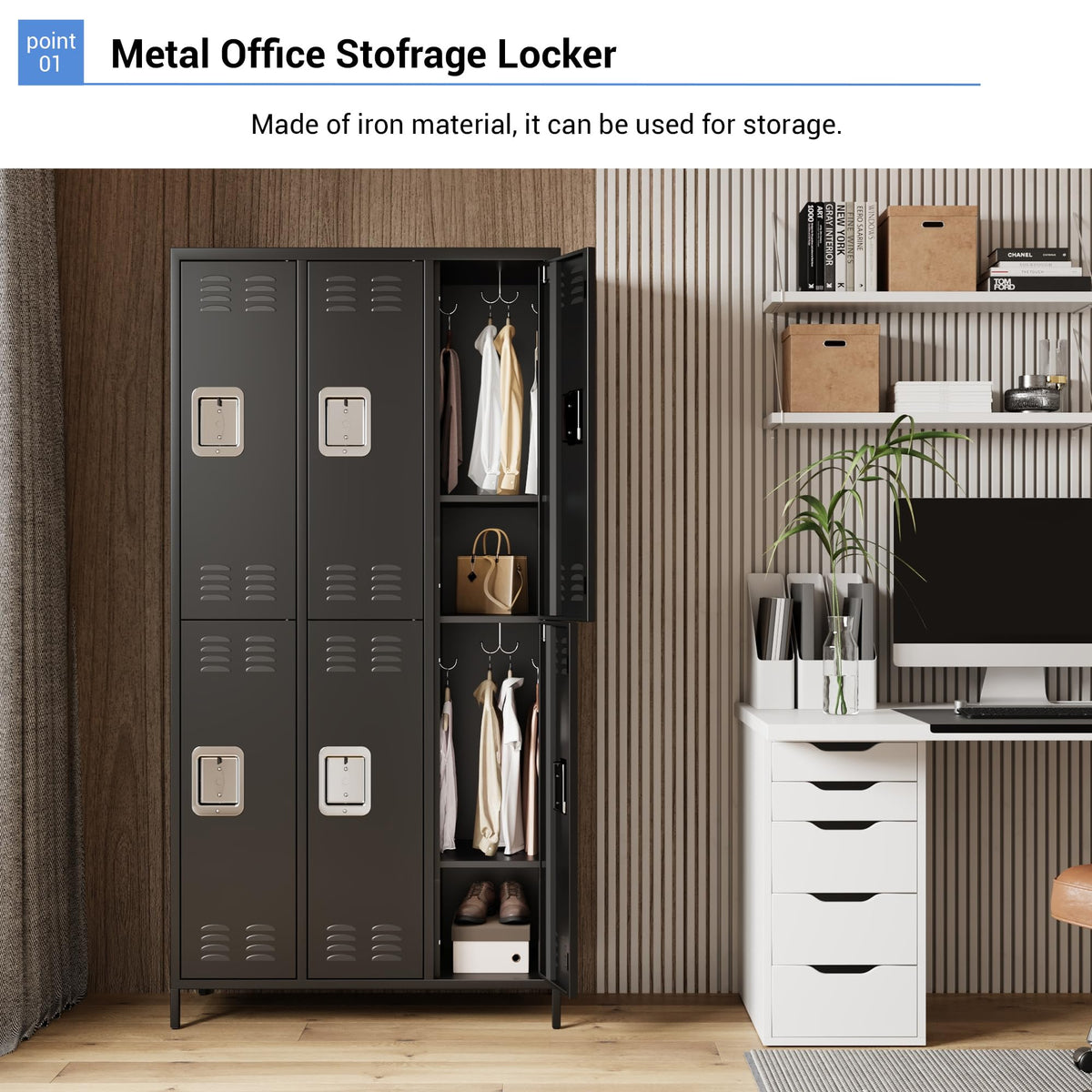 PioneerWorks 6-Door Metal Storage Locker with 18 Hooks, Heavy Duty Steel Locker for Gym, School, Office, Garage, Employee Locker Room, Home Organization, Black, Assembly Required